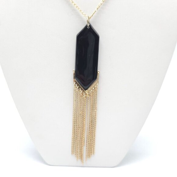 1980s Gold Chain Necklace With Black Pendant Fringe Tassel Design - Picture 2 of 5